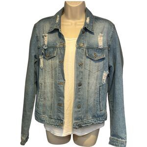 Love Tree Denim Blue Jean Jacket‎ Large Distressed 100% Cotton Trucker Cropped